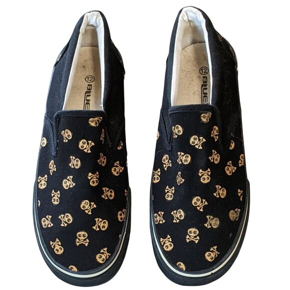 Blue  slip on canvas shoes black, gold skull cross bones 12 - Picture 1 of 11